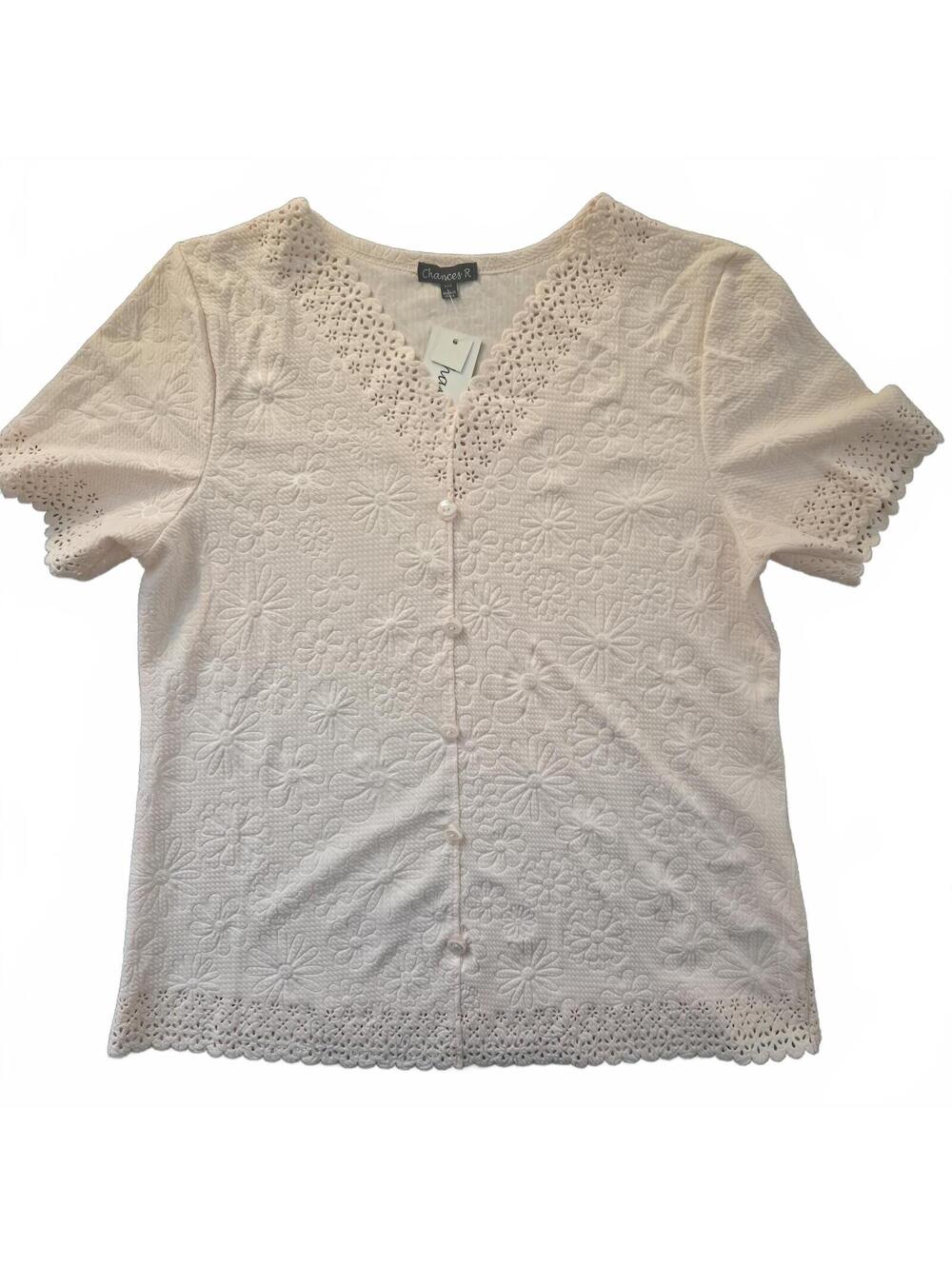 Chances R Floral Lace Button Front Short Sleeve Top with Tags Large